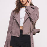 PLUS BELTED LONG SLEEVE ZIPPERED SUEDE MOTO JACKET, Jade by Jane