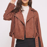 PLUS BELTED LONG SLEEVE ZIPPERED SUEDE MOTO JACKET, Jade by Jane
