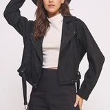 PLUS BELTED LONG SLEEVE ZIPPERED SUEDE MOTO JACKET, Jade by Jane
