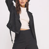 PLUS BELTED LONG SLEEVE ZIPPERED SUEDE MOTO JACKET, Jade by Jane