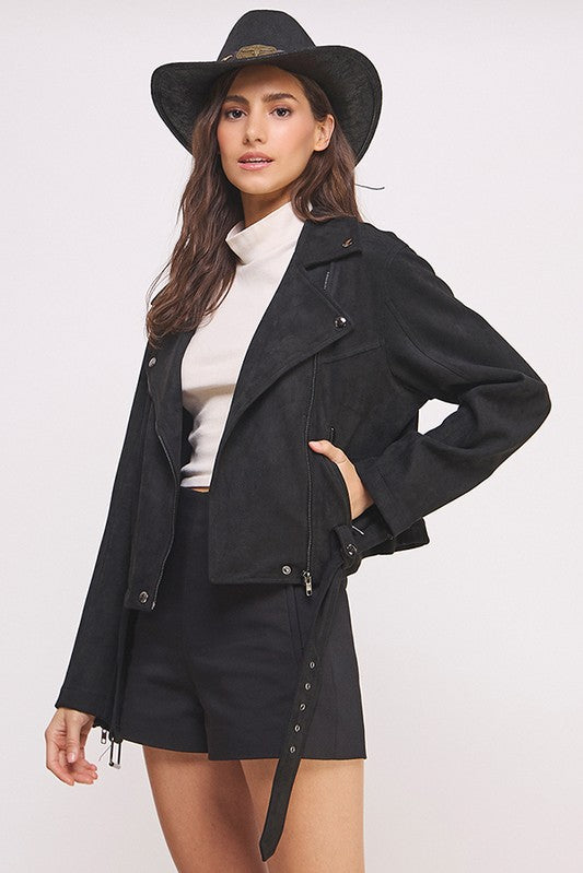PLUS BELTED LONG SLEEVE ZIPPERED SUEDE MOTO JACKET, Jade by Jane