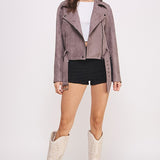 PLUS BELTED LONG SLEEVE ZIPPERED SUEDE MOTO JACKET, Jade by Jane