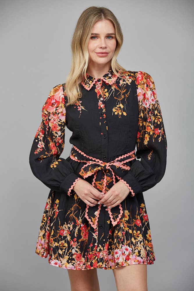 Floral Waist Sash Mini Dress, Fate S / Black Multi Floral Floral Waist Sash Mini Dress, Fate S / Black Multi Floral
