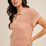 Open Collar Fishnet V Neck Sweater Knit Top, by Hem and Thread