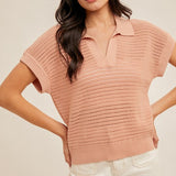 Open Collar Fishnet V Neck Sweater Knit Top, by Hem and Thread