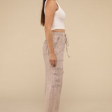 Washed Linen Elastic Band Waist Cargo Pants, Zenana (various colors)