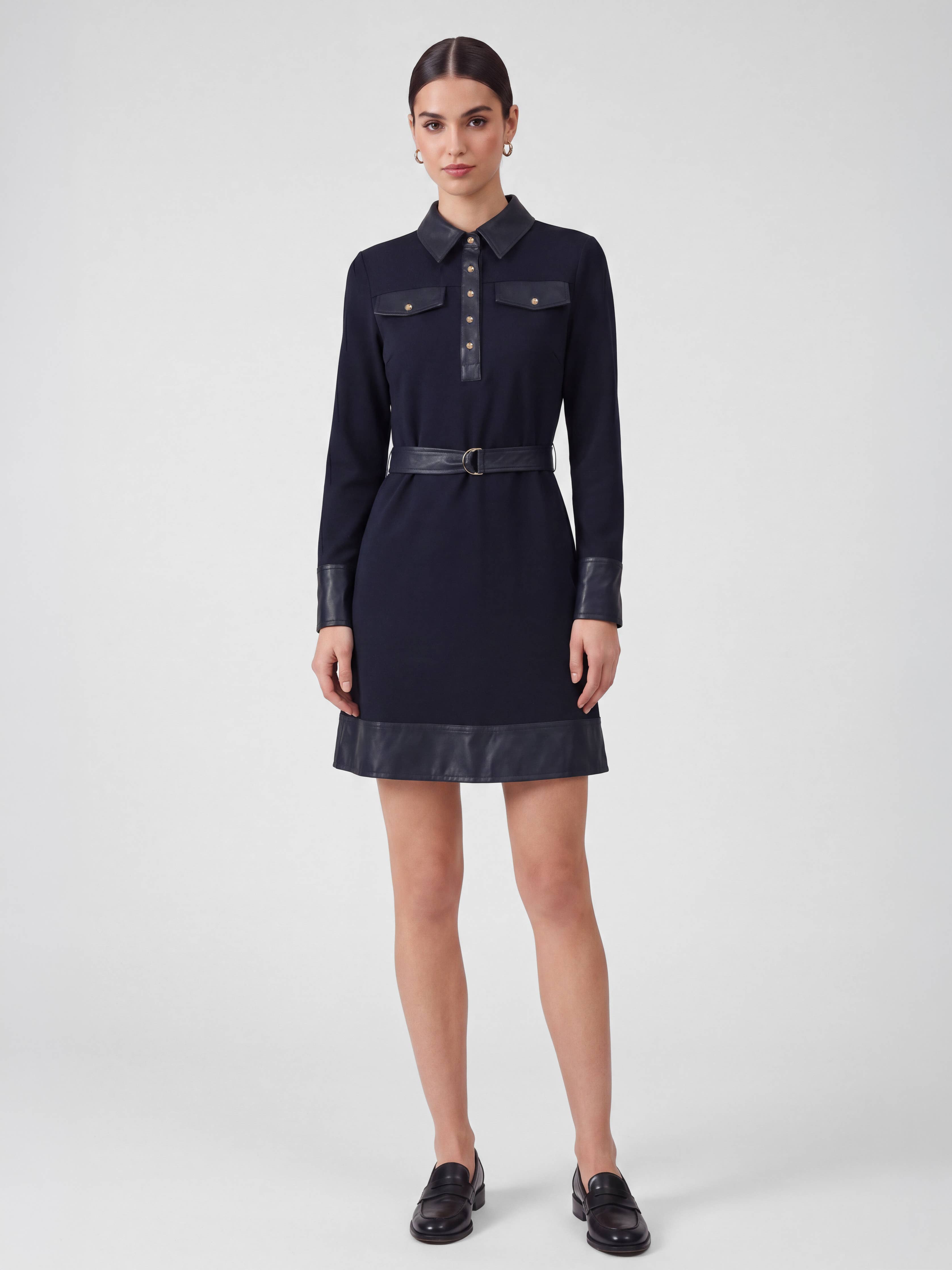 Current Air - Polo Knit Mini Dress With Faux Leather Contrast