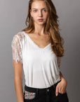 Pol Clothing - 1/2 lace sleeve v-neck tee