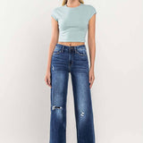 High Rise Distressed Wide Leg Jean in Ocean View, Flying Monkey