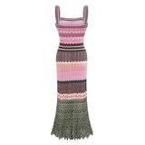 Boho Brown - Vibrant Knitted Geometric Maxi Dress
