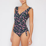 MARINA WEST SWIM - Ruffle Wrap Tie Black with Roses