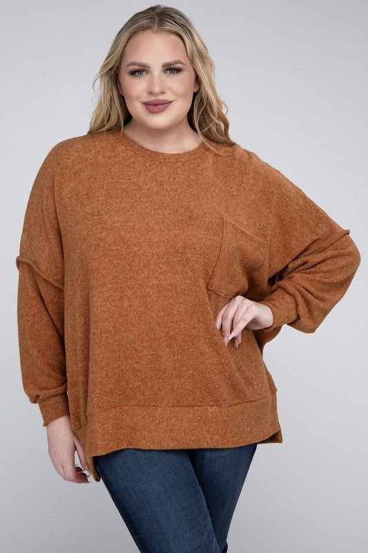 Brushed Melange Drop Shoulder Sweater, Various Colors, Zenana (Plus only)