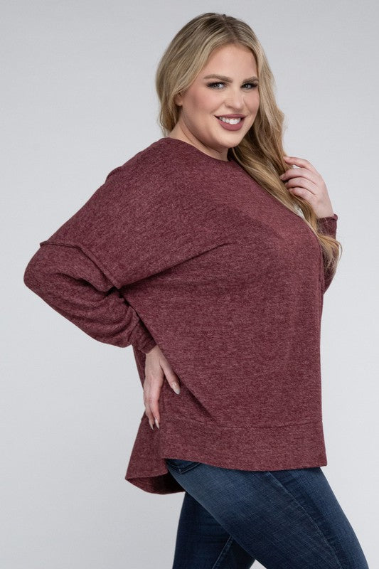 Brushed Melange Drop Shoulder Sweater, Various Colors, Zenana (Plus only)