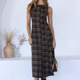 STORIA - BROWN & BLACK PLAID BUTTON-FRONT MIDI DRESS