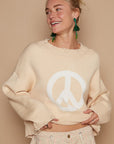 POL Round Neck Long Sleeve Peace Sign Sweater