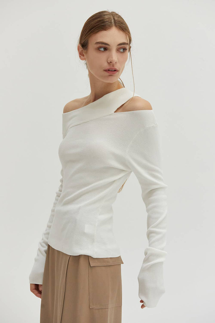 Crescent  Ingrid One Shoulder Rib Top (White)