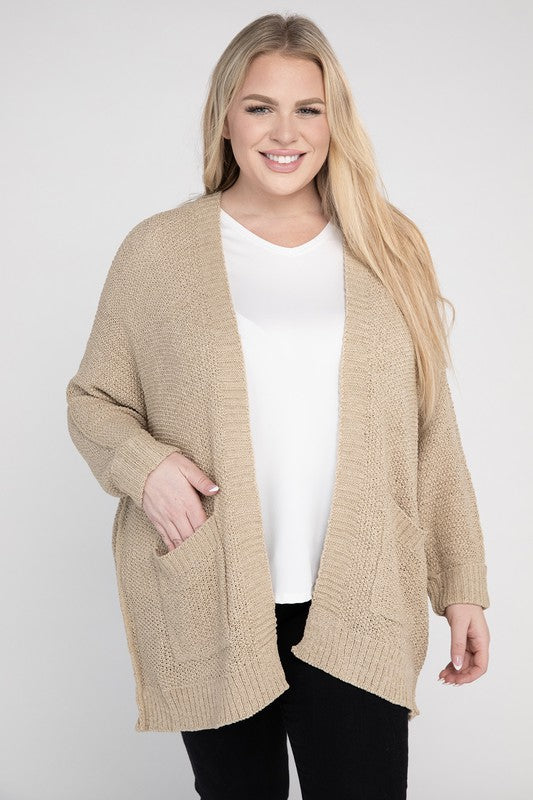 Ribbed Knit Open Front Cardigan (Various Colors), eesome (Plus Only)