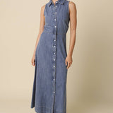Olivaceous - Elsie Button-Front Denim Maxi Dress