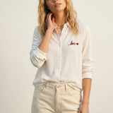 Q2 White Button-Up Shirt with Red Love Embroidery