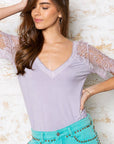 Pol Clothing - 1/2 lace sleeve v-neck tee