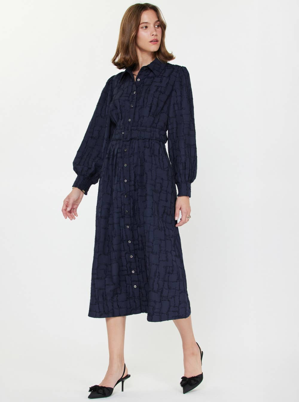 Current Air - Textured Jacquard Shirt Midi Dress