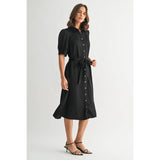 FUN2FUN - SATIN PLEATS DETAIL TIE WAIST SHIRT DRESS