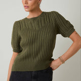 Sunday Edition by LE LIS - ROUND NECK PUFF SHORT SLEEVE CABLE SWEATER