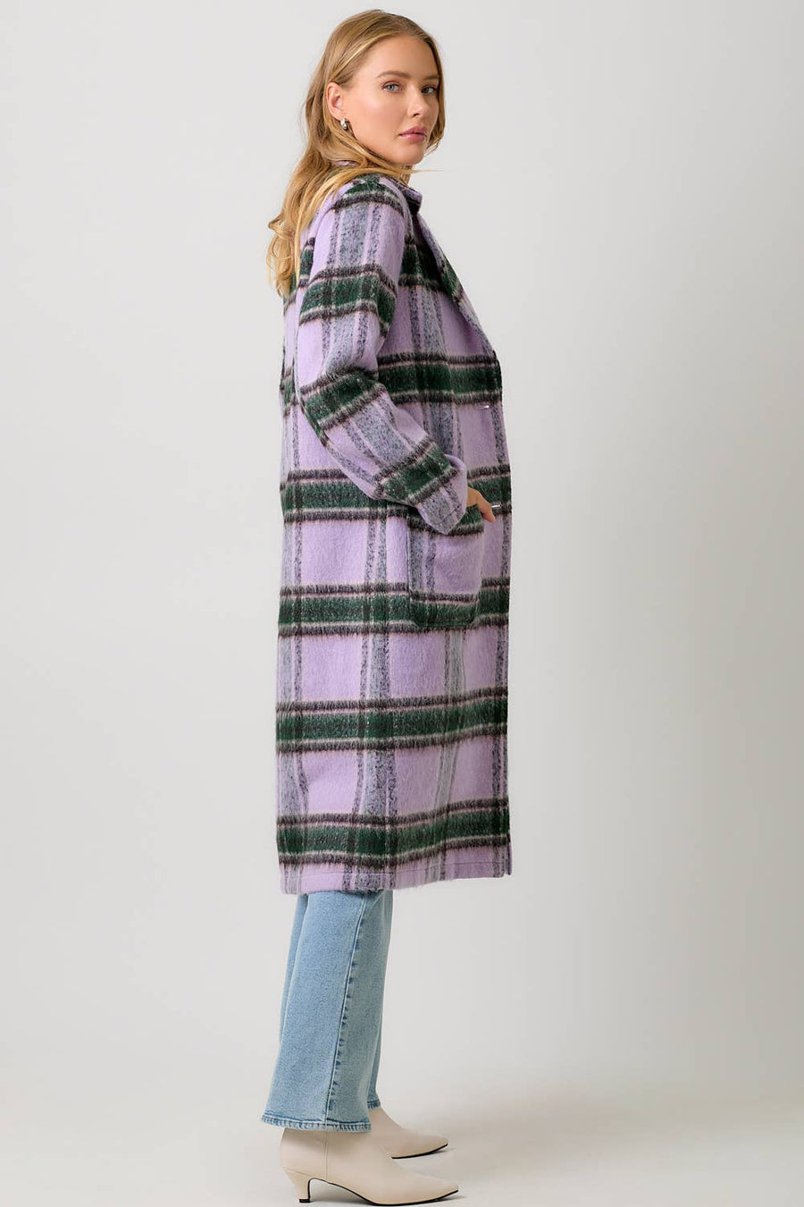 Mystree Fuzzy Plaid Long Coat