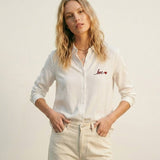 Q2 White Button-Up Shirt with Red Love Embroidery