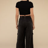 Washed Linen Elastic Band Waist Cargo Pants, Zenana (various colors)