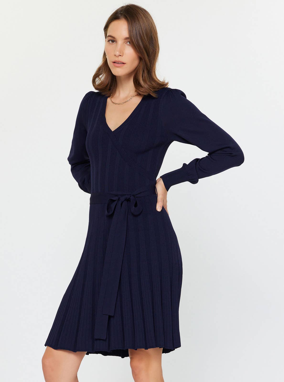 Current Air - Pleated Sweater Mini Dress W/waist Tie