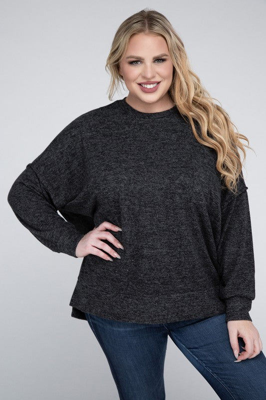 Brushed Melange Drop Shoulder Sweater, Various Colors, Zenana (Plus only)