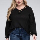Brushed Waffle V-Neck Button Detail Sweater (Various colors), Zenana, Plus Only