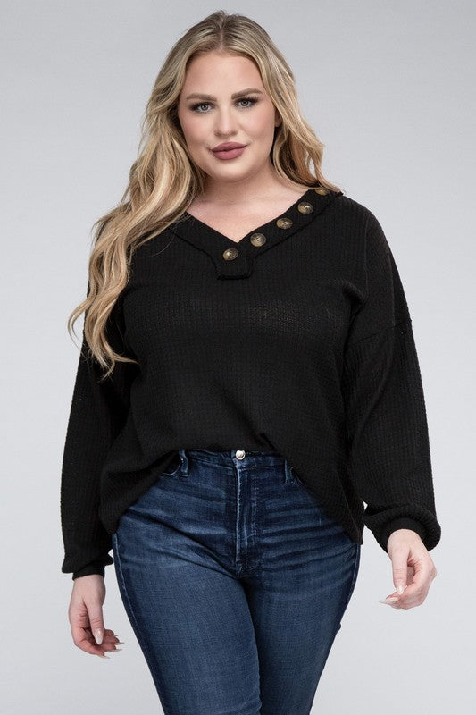 Brushed Waffle V-Neck Button Detail Sweater (Various colors), Zenana, Plus Only