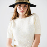 Q2- Cream short sleeve sequin sweater