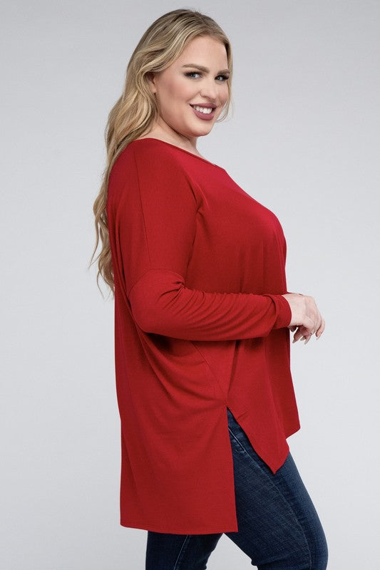 V-Neck Side Slit Hi-Low Hem Top, Various Colors, Zenana (Plus Only)