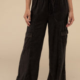 Washed Linen Elastic Band Waist Cargo Pants, Zenana (various colors)