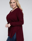 V-Neck Side Slit Hi-Low Hem Top, Various Colors, Zenana (Plus Only)