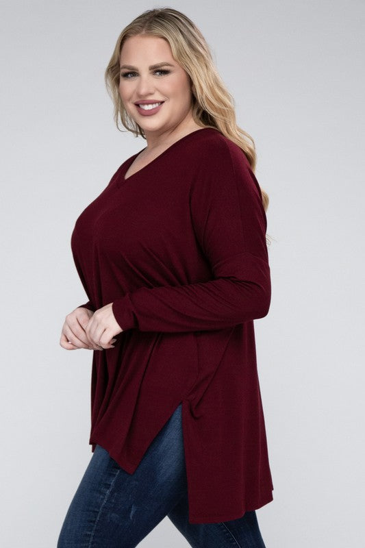 V-Neck Side Slit Hi-Low Hem Top, Various Colors, Zenana (Plus Only)