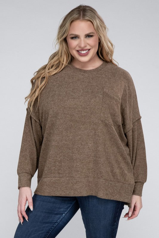 Brushed Melange Drop Shoulder Sweater, Various Colors, Zenana (Plus only)