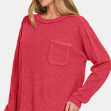 Contrast Stitching Brushed Ribbed Hacci Knit Top, Zenana