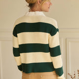 SKIES ARE BLUE - Striped Ribbed Knit Polo Shirt