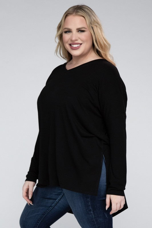 V-Neck Side Slit Hi-Low Hem Top, Various Colors, Zenana (Plus Only)