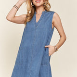 ADORA Notched Sleeveless Denim Dress with Pockets