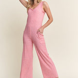 ADORA Ribbed V-Neck Wide Leg Jumpsuit with Pockets