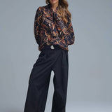 Q2 Black chiffon shirt with abstract print and knotted bow