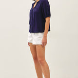 Be Cool - LINEN BLENDED RUFFLE TRIM FRONT TIE BLOUSE