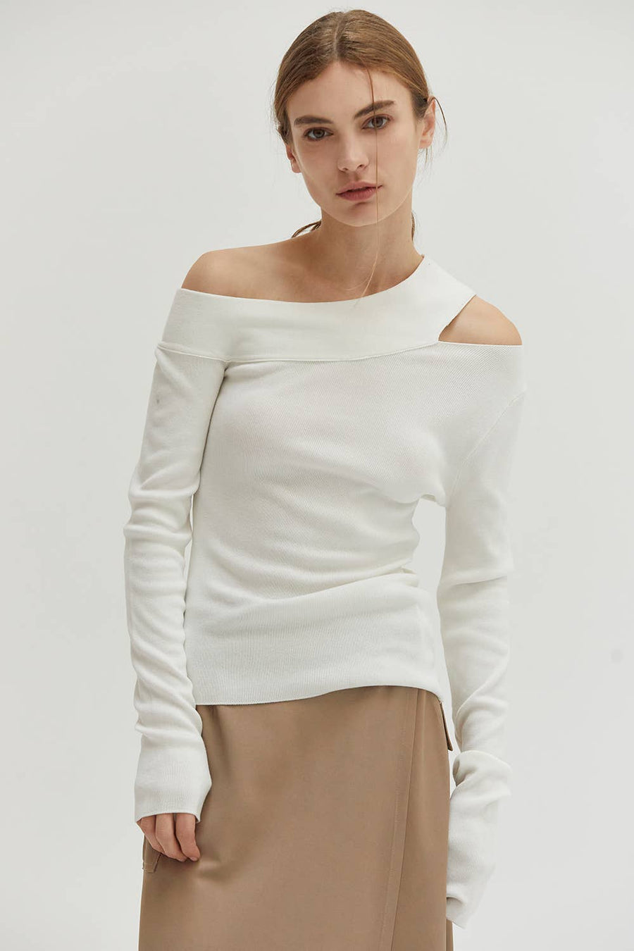 Crescent  Ingrid One Shoulder Rib Top (White)