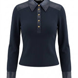 Current Air - Ribbed Knit Faux Leather Polo Top