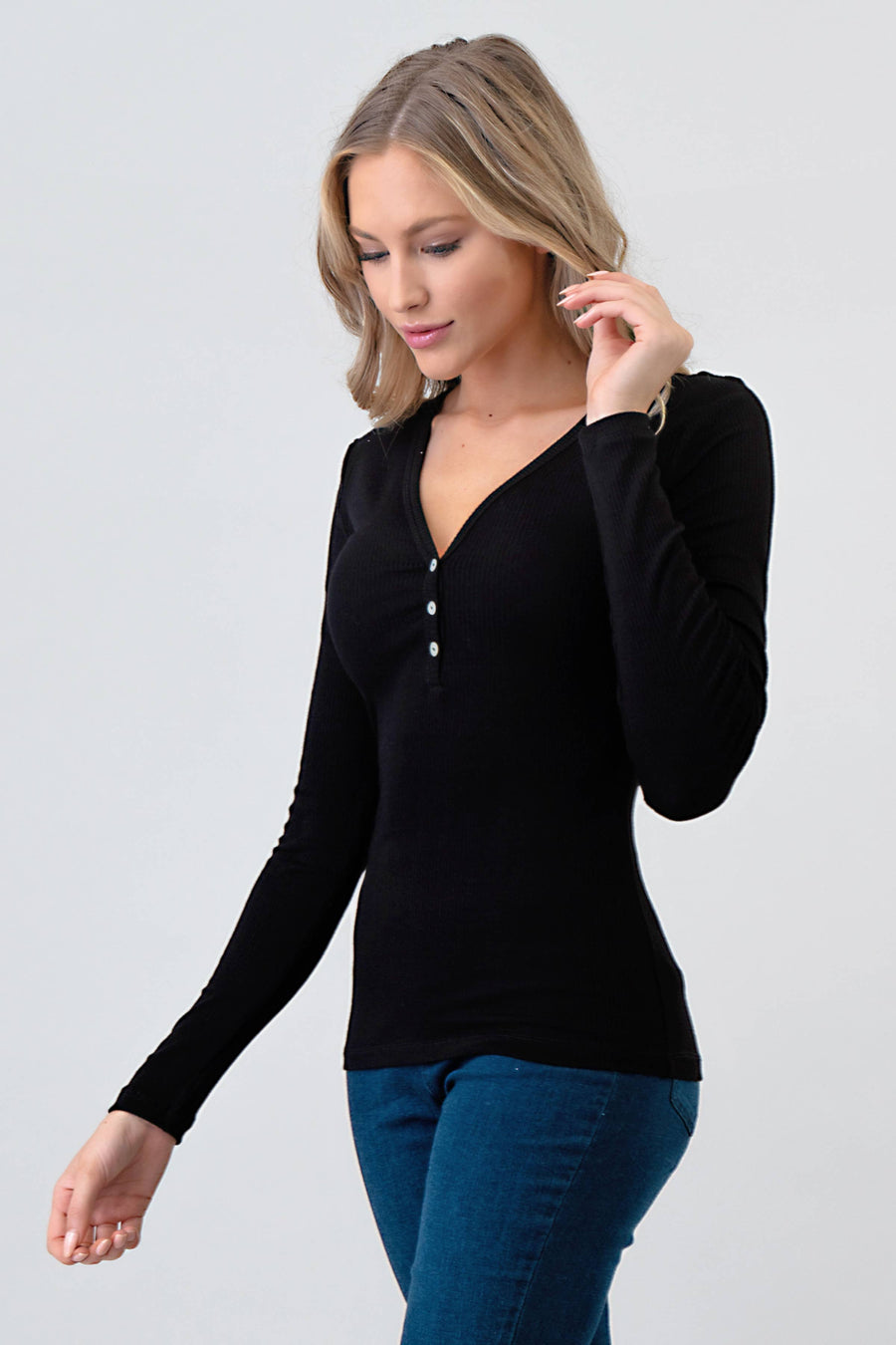 Hashttag - Ribbed Henley Long Sleeve Top